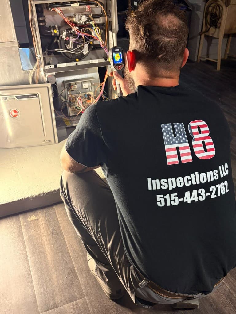Inspector using thermal imaging on an HVAC furnace