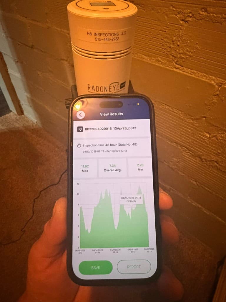 RadonEye Pro results on phone showing 48-hour radon measurement data