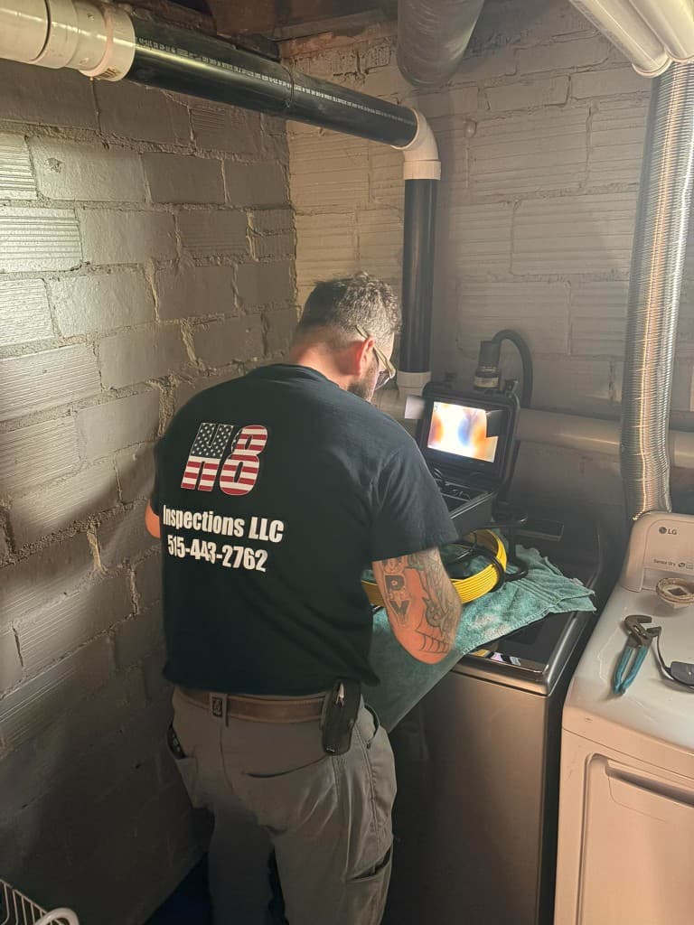 Inspector checking plumbing and drain lines in a utility room